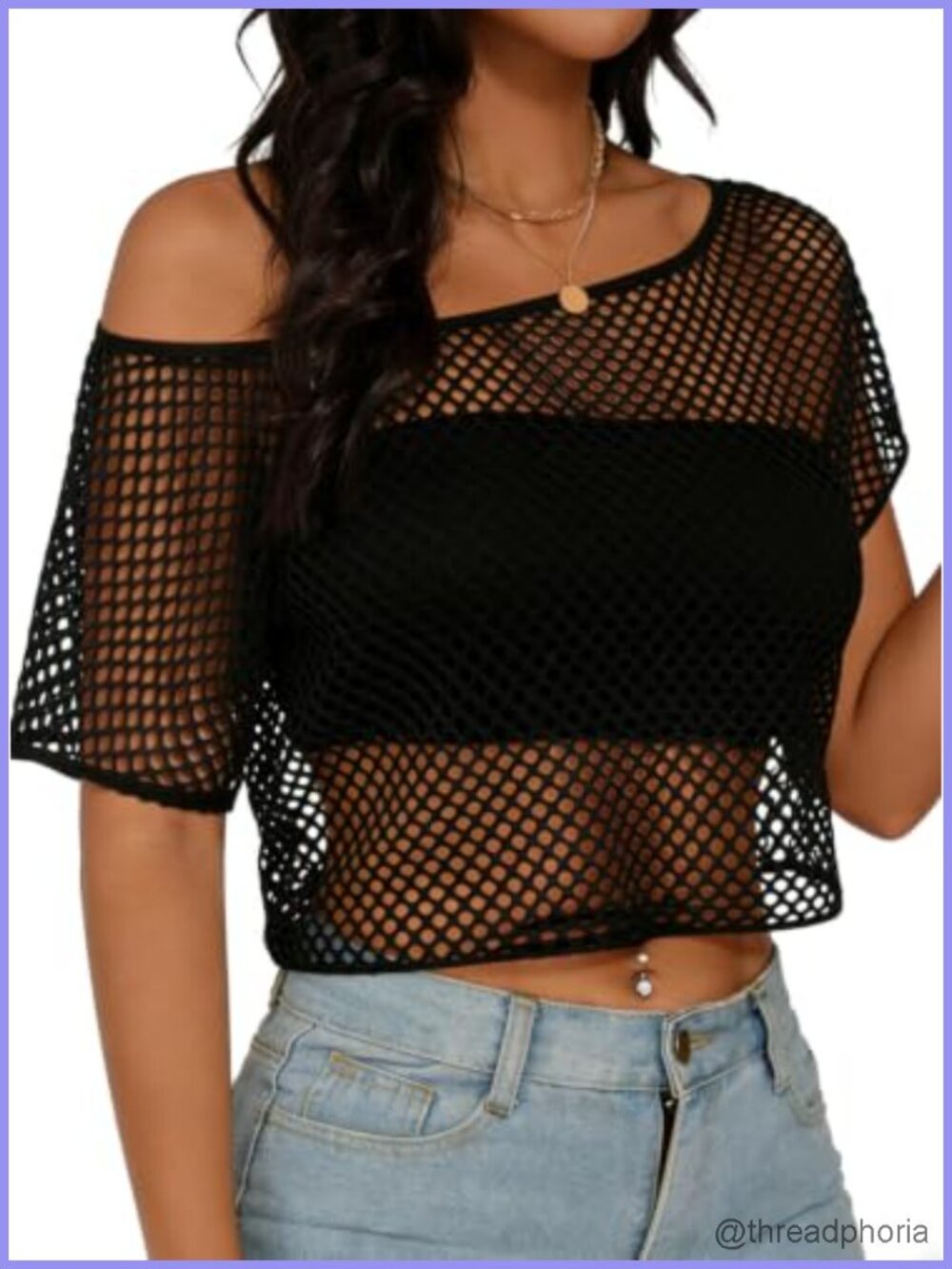 Sheer Mesh Fishnet Crop Top Off Shoulder Short Sleeve Layering Tee Party - Picture 3 of 4